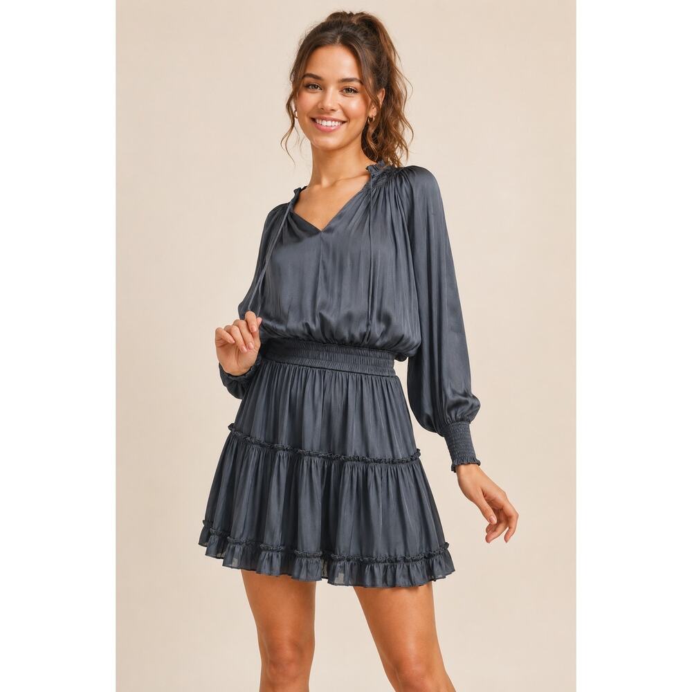 Reset By Jane Frankie Dress Navy Satin Smocked Mini Long Sleeve Size Small